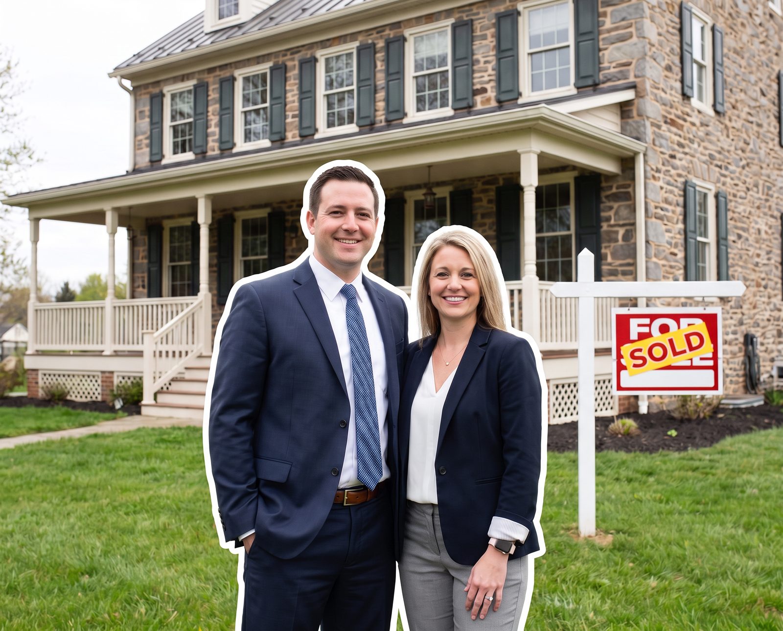 Two real estate professionals in front of a sold Pennsylvania home